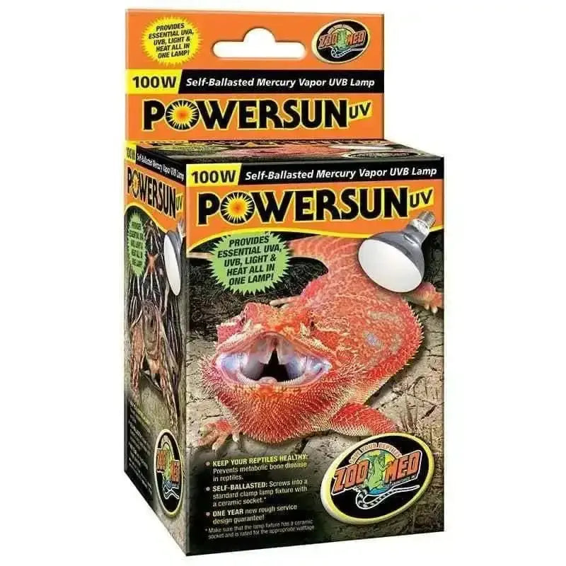 Zoo Med 100W Powersun UV mercury vapor lamp for reptiles providing UV, heat, and light in one lamp