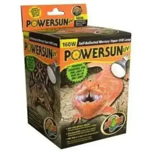 Zoo Med Powersun UV 160W mercury vapor lamp for reptiles in packaging featuring a lizard image