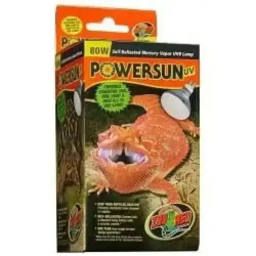 Zoo Med Powersun 80W Self-Balanced Mercury Vapor Lamp for Reptiles in packaging with bearded dragon
