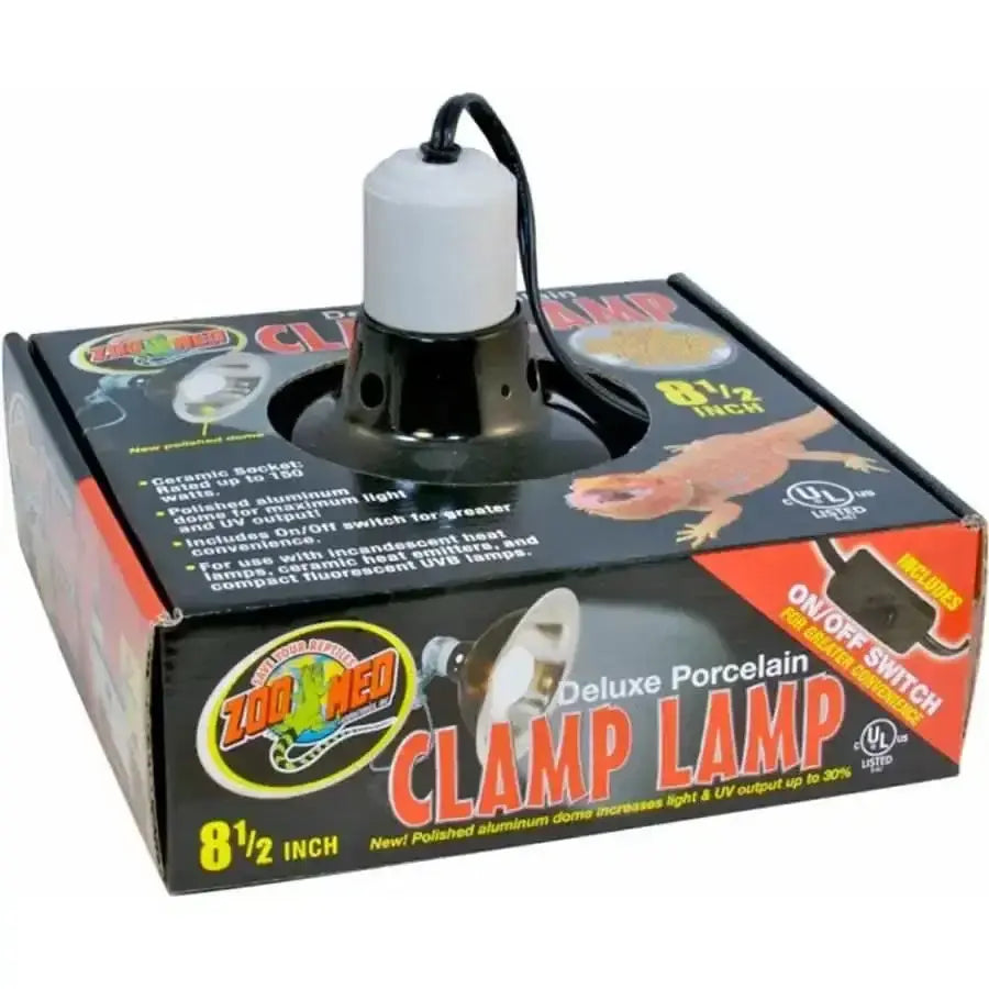 Zoo Med porcelain clamp lamp features a durable design with on/off switch for easy use in reptile habitats