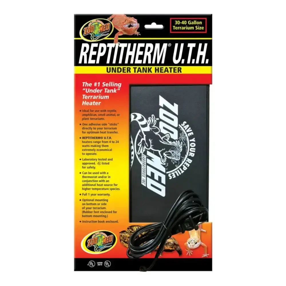 Zoo Med Reptitherm UTH Under Tank Heater for reptiles, ideal for 30-40 gallon terrariums.