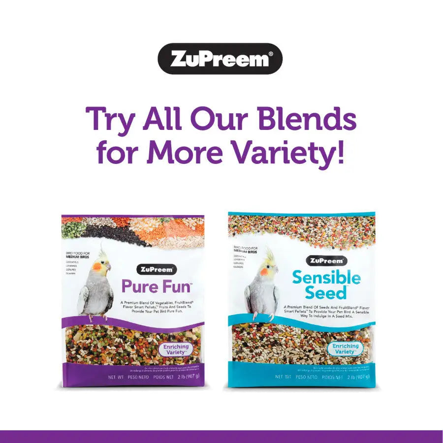 ZuPreem Pure Fun bird food bag alongside Sensible Seed for varied bird diets