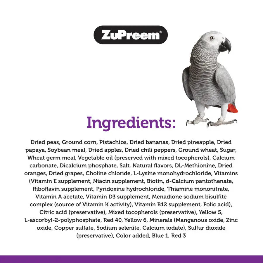 ZuPreem Pure Fun bird food ingredients list with a parrot graphic for pet owners
