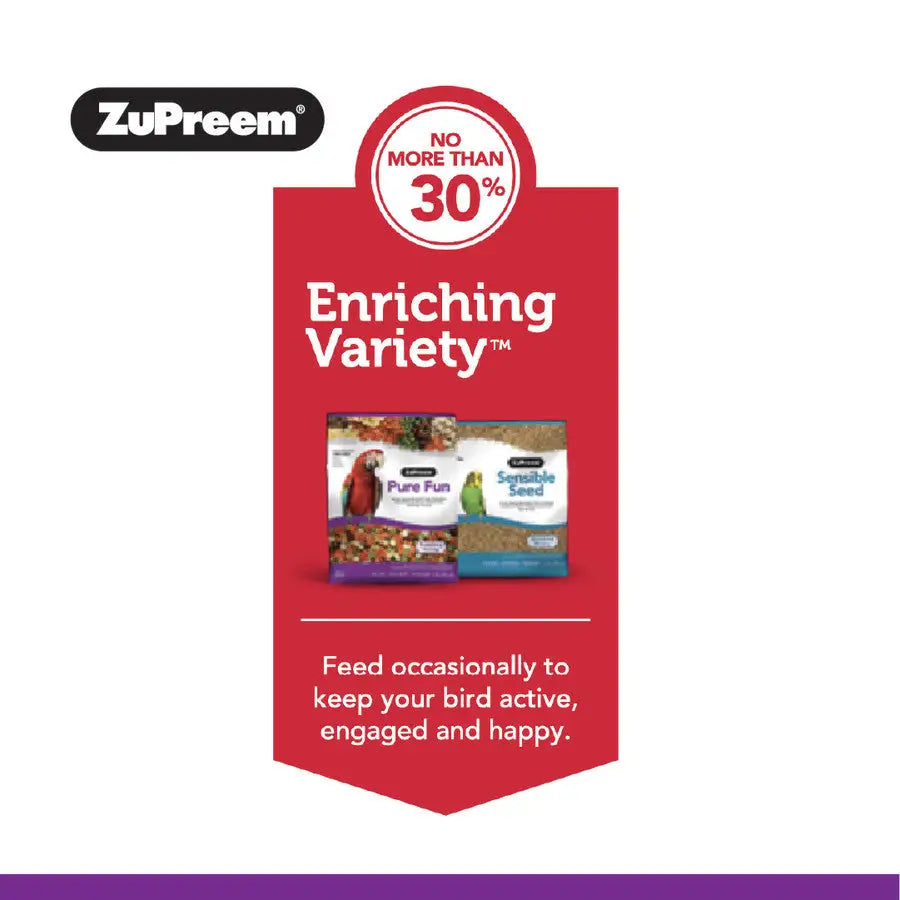 ZuPreem Pure Fun bird food packaging showcasing enriching variety for active birds