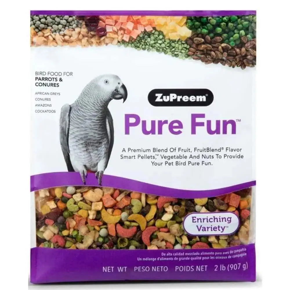 ZuPreem Pure Fun bird food with colorful pellets and mixed ingredients for parrots and conures